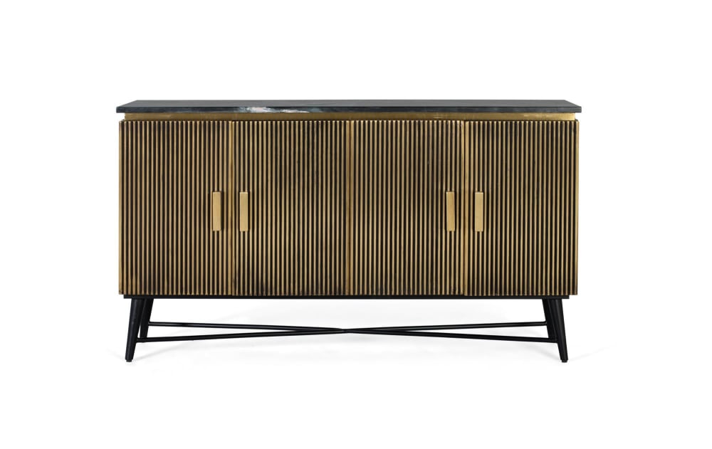Buffet SAMBHAL en manguier bronze avec plateau marbre 150 cm à 4 portes