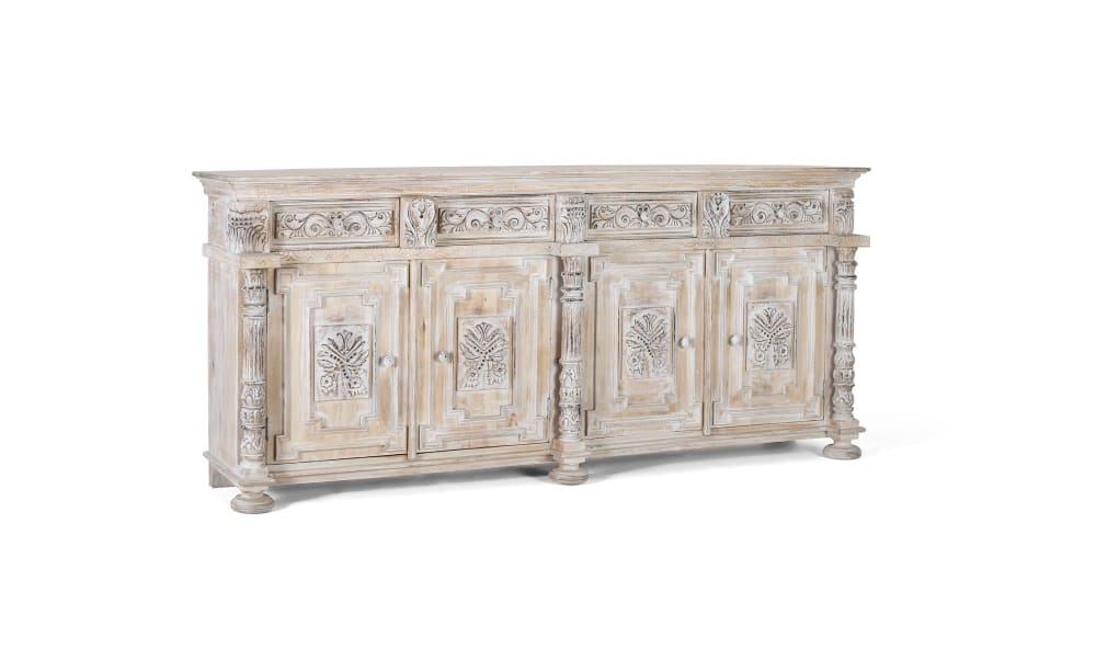 Détail de la patine blanc vieilli du buffet NORELIE