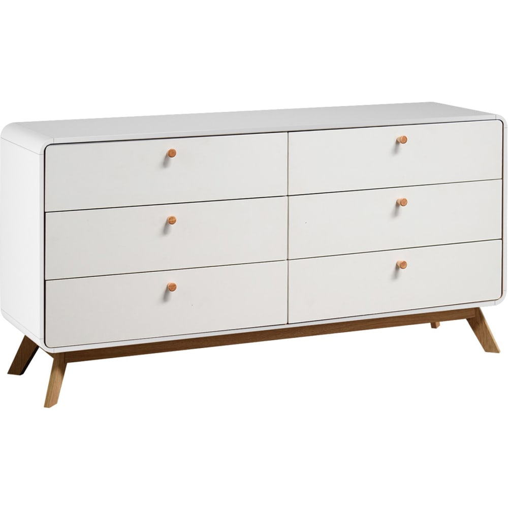 Buffet bas CASSIE blanc 150 cm avec 6 tiroirs et boutons en bois
