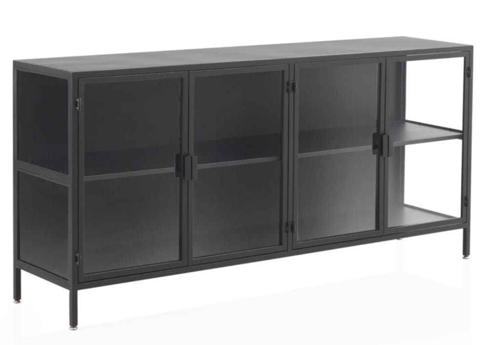 Buffet vitrine GEESE HOME en verre et métal noir 170 cm à 2 portes