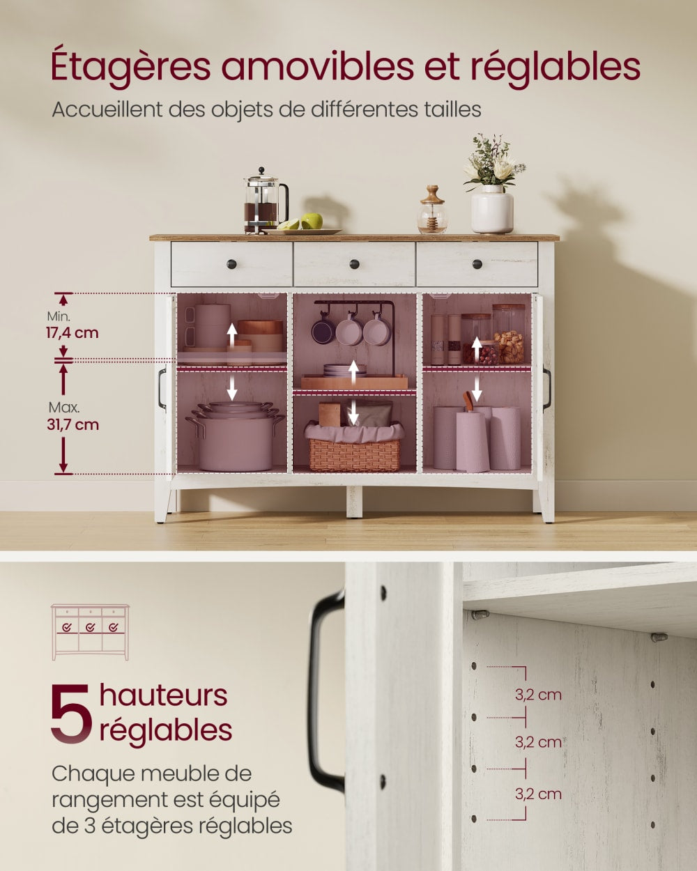 Buffet VASAGLE tiroirs ouverts avec séparateurs