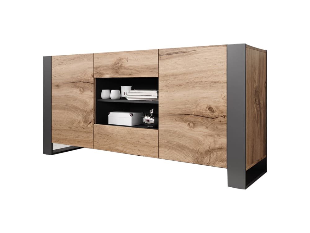 Buffet enfilade WILLOW bois et gris 164 cm avec 2 portes 2 tiroirs et 2 niches