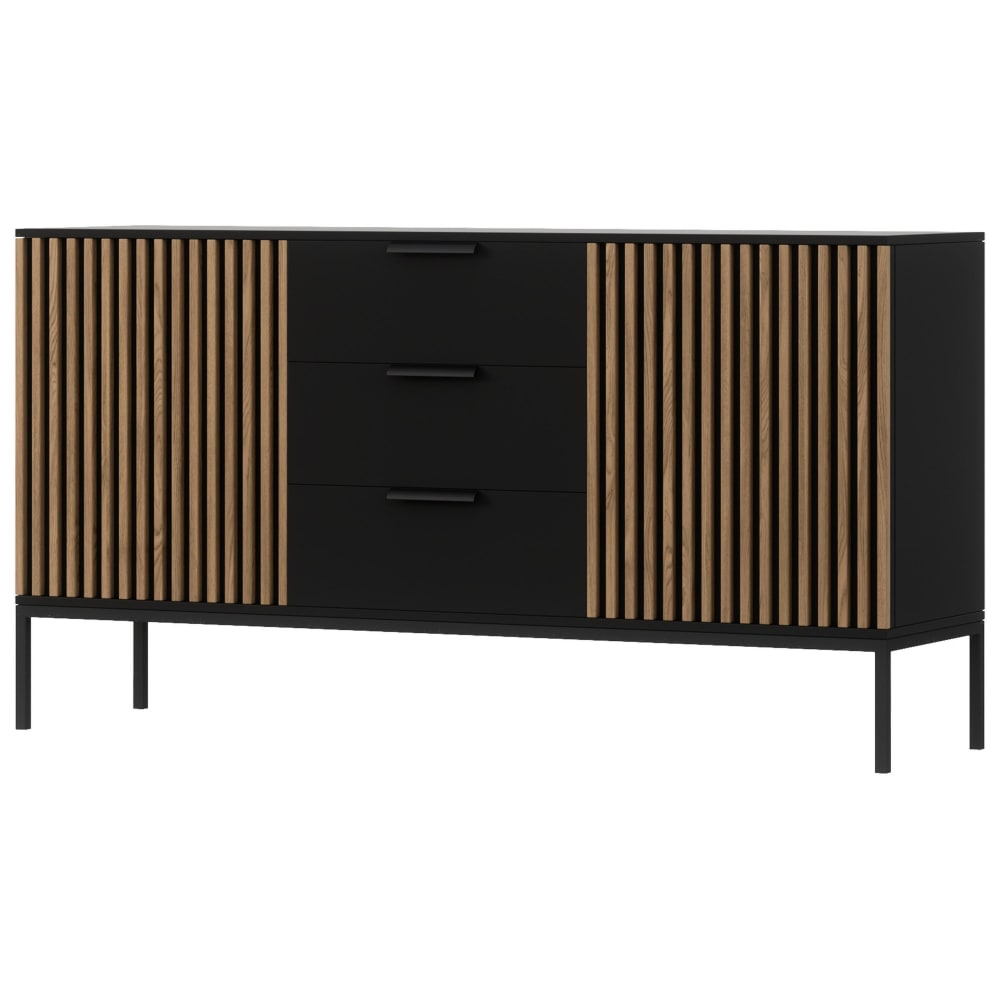 Buffet bas SAVANNA bois et noir 150 cm à façade tasseaux 2 portes 3 tiroirs