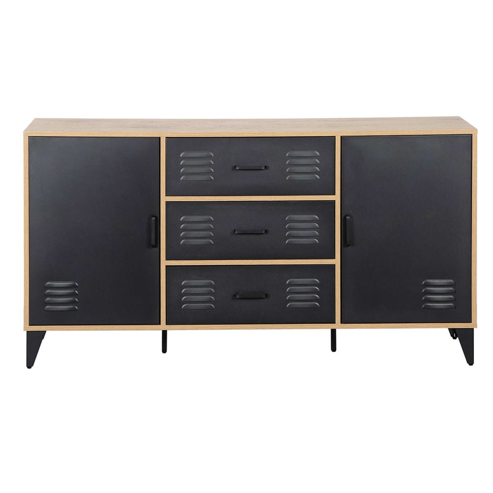 Buffet bas industriel TRIBECA bois et noir 140 cm avec 2 portes et 3 tiroirs