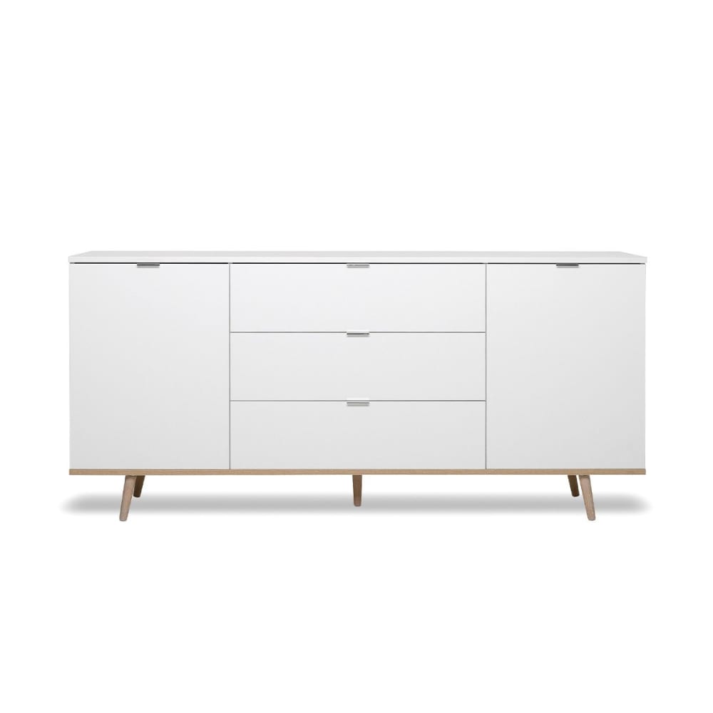 Grand buffet COPENHAGUE blanc et chêne 180 cm avec 2 portes et 3 tiroirs