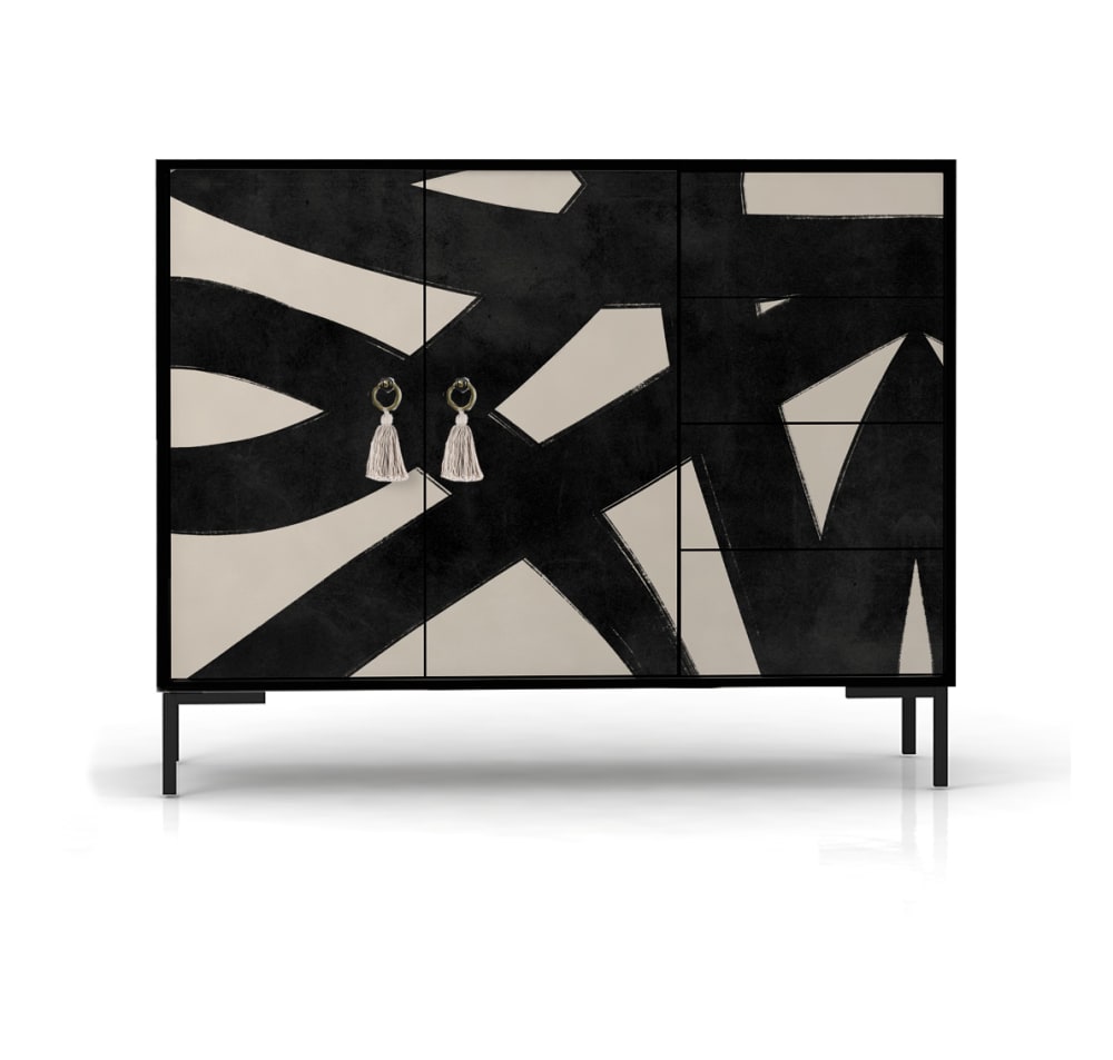Grand buffet bas WILMA imprimé floral noir 113 cm