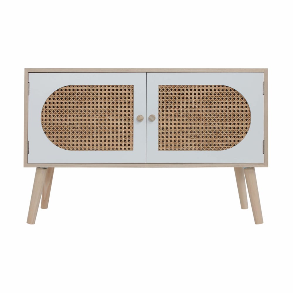 Petit buffet bas MOBILI REBECCA blanc et bois avec portes en rotin 80 cm