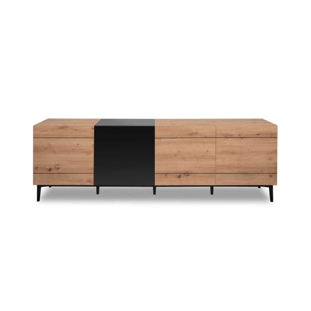 Grand buffet bas NOLA décor chêne et noir 200 cm avec 4 portes
