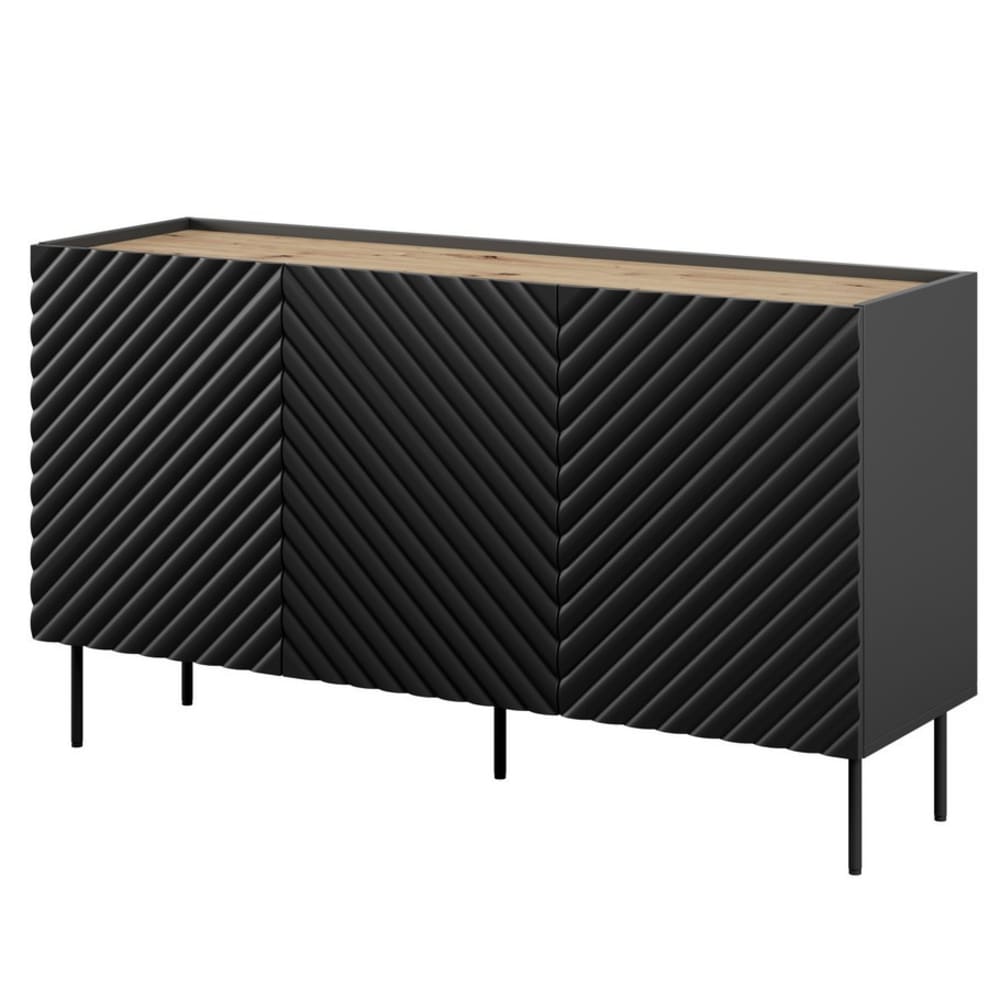 Buffet bas EMILE aspect chêne et noir mat 150 cm à 3 portes et 2 tiroirs