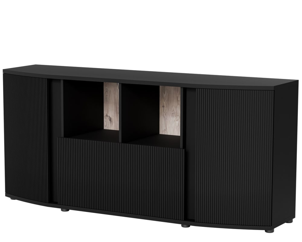 Grand buffet bas LOOPING noir mat 178 cm à façade arrondie avec 3 portes et 2 niches