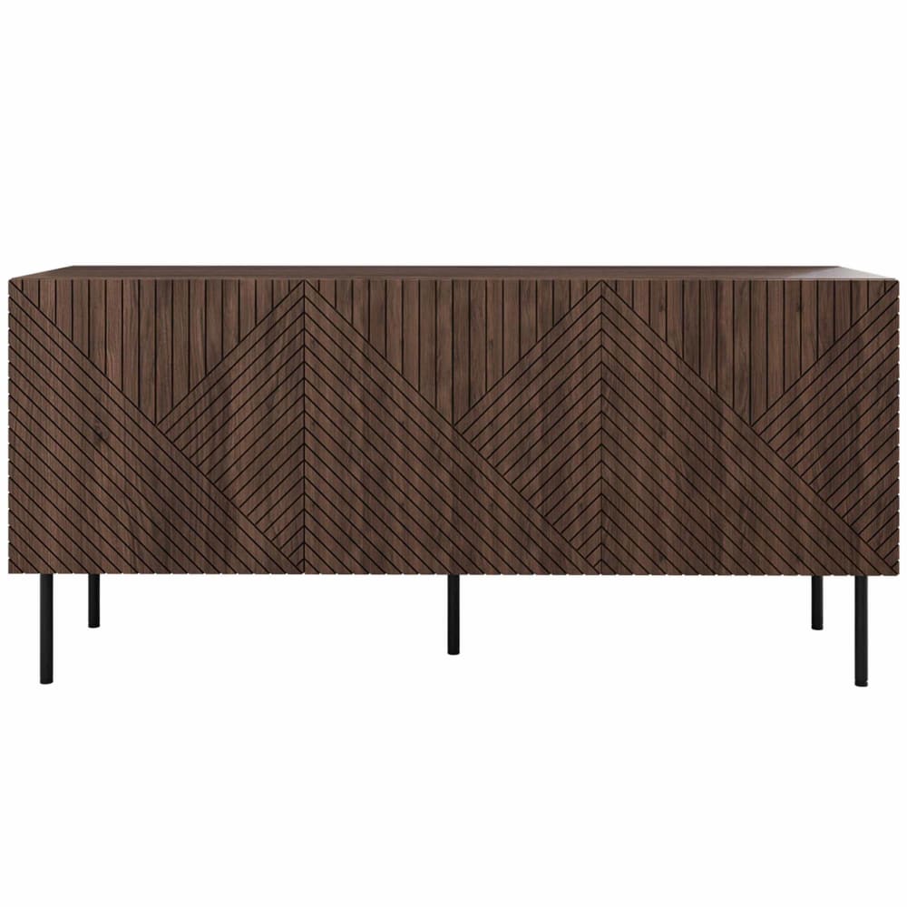 Buffet bas SALVADOR effet bois foncé à motif géométrique 150 cm avec 3 portes