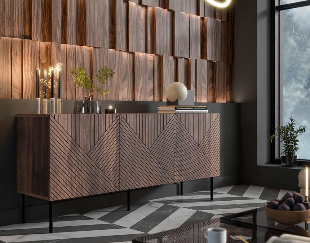 Détail du motif géométrique des portes du buffet SALVADOR
