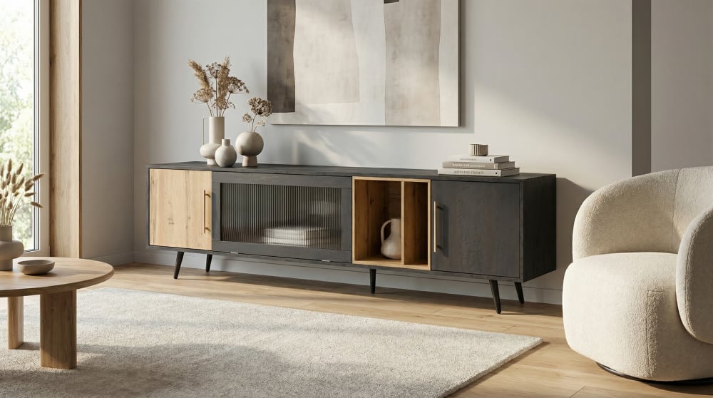 Détail de la porte coulissante translucide du buffet URBAN MEUBLE