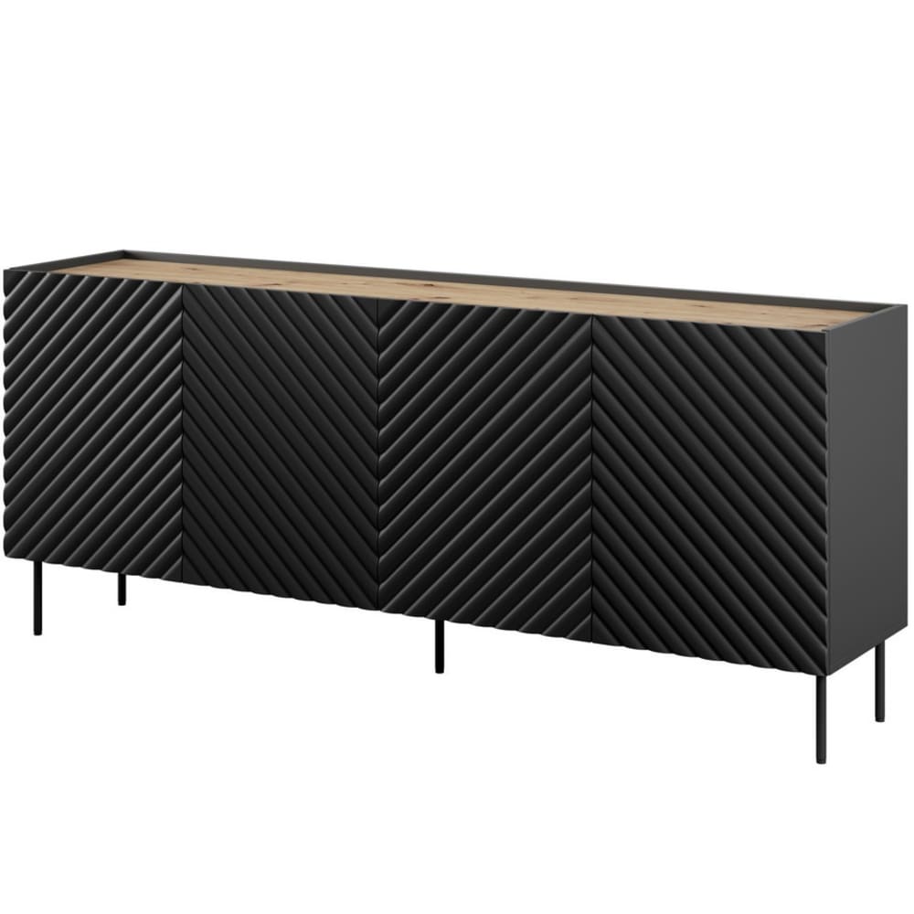 Grand buffet bas EMILE noir mat et bois 200 cm à 4 portes et 2 tiroirs