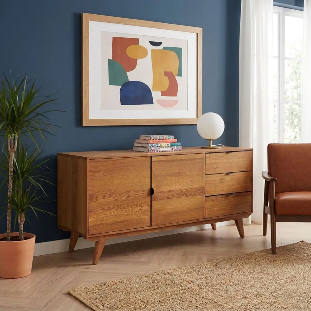 Buffet MALLET portes ouvertes sur la tablette en chêne