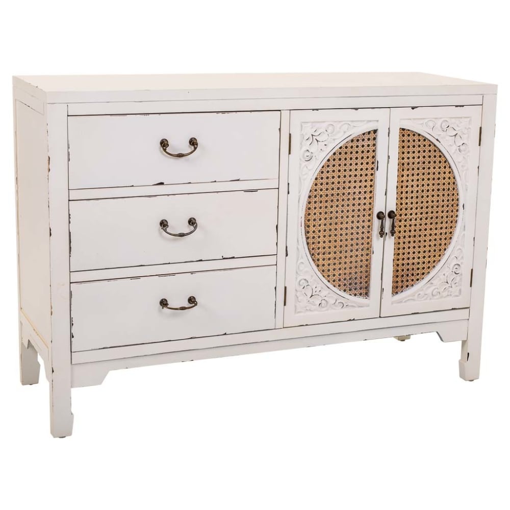 Buffet ALIKA blanc vieilli 106 cm avec 2 portes en rotin et 3 tiroirs