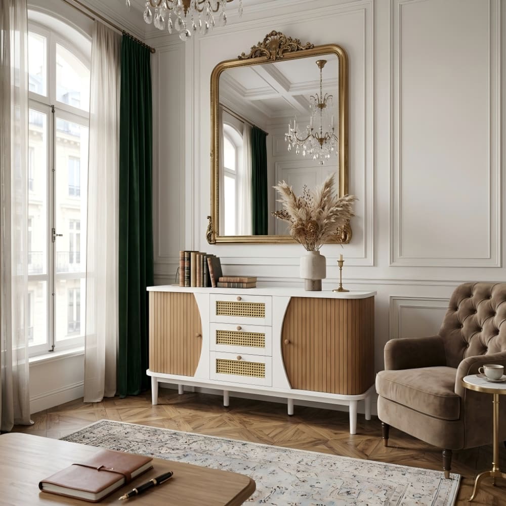 Buffet URBAN MEUBLE tiroirs en rotin ouverts
