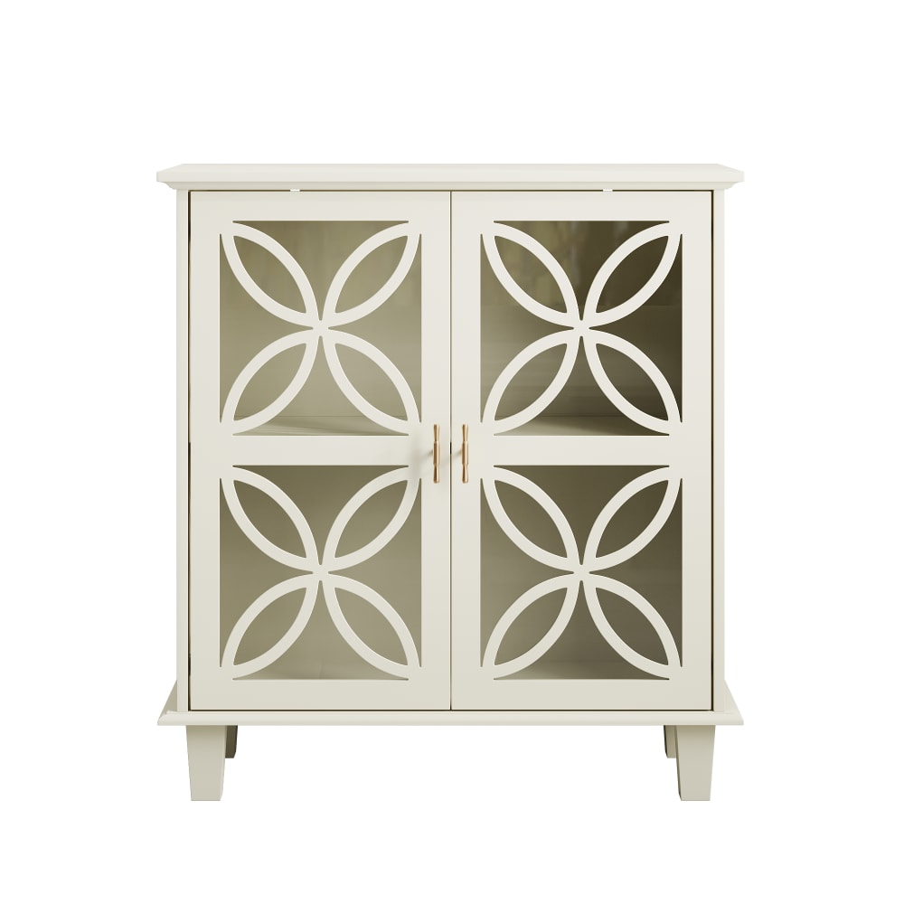Petit buffet vitrine URBAN MEUBLE blanc crème 80 cm à portes en verre trempé