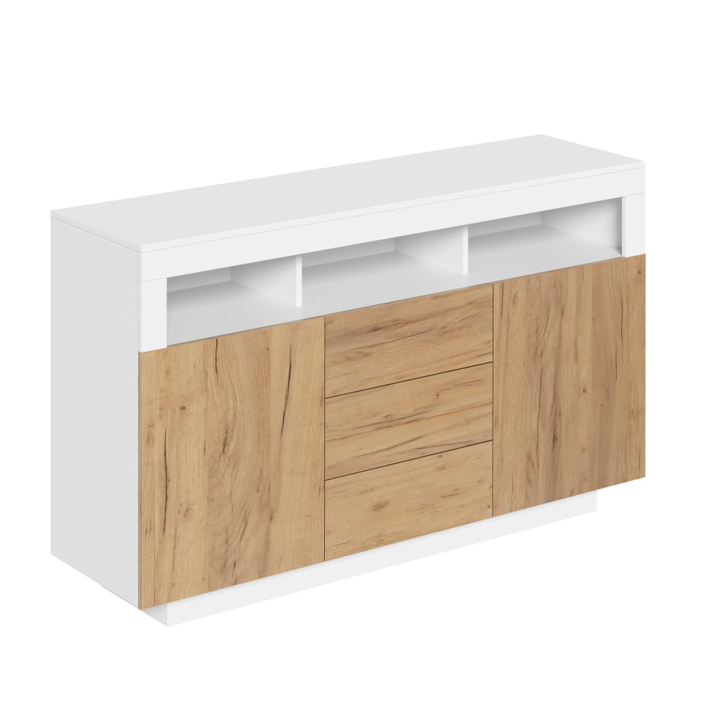 Buffet URBAN MEUBLE blanc et bois naturel 140 cm avec 3 tiroirs 2 portes et 3 niches