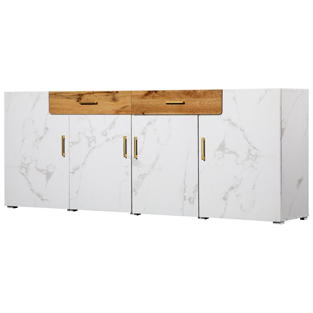 Grand buffet URBAN MEUBLE blanc effet marbre 208 cm avec 4 portes et 2 tiroirs