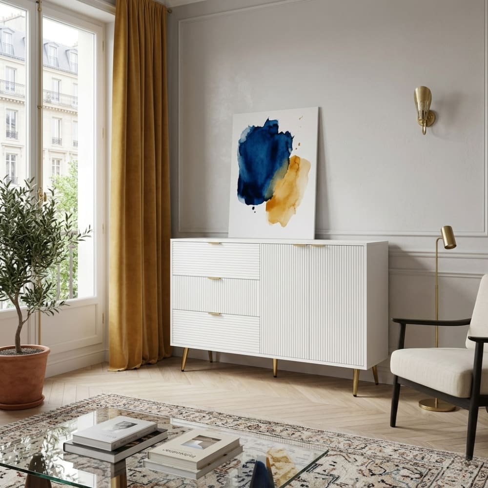 Tiroirs et poignées dorées du buffet URBAN MEUBLE