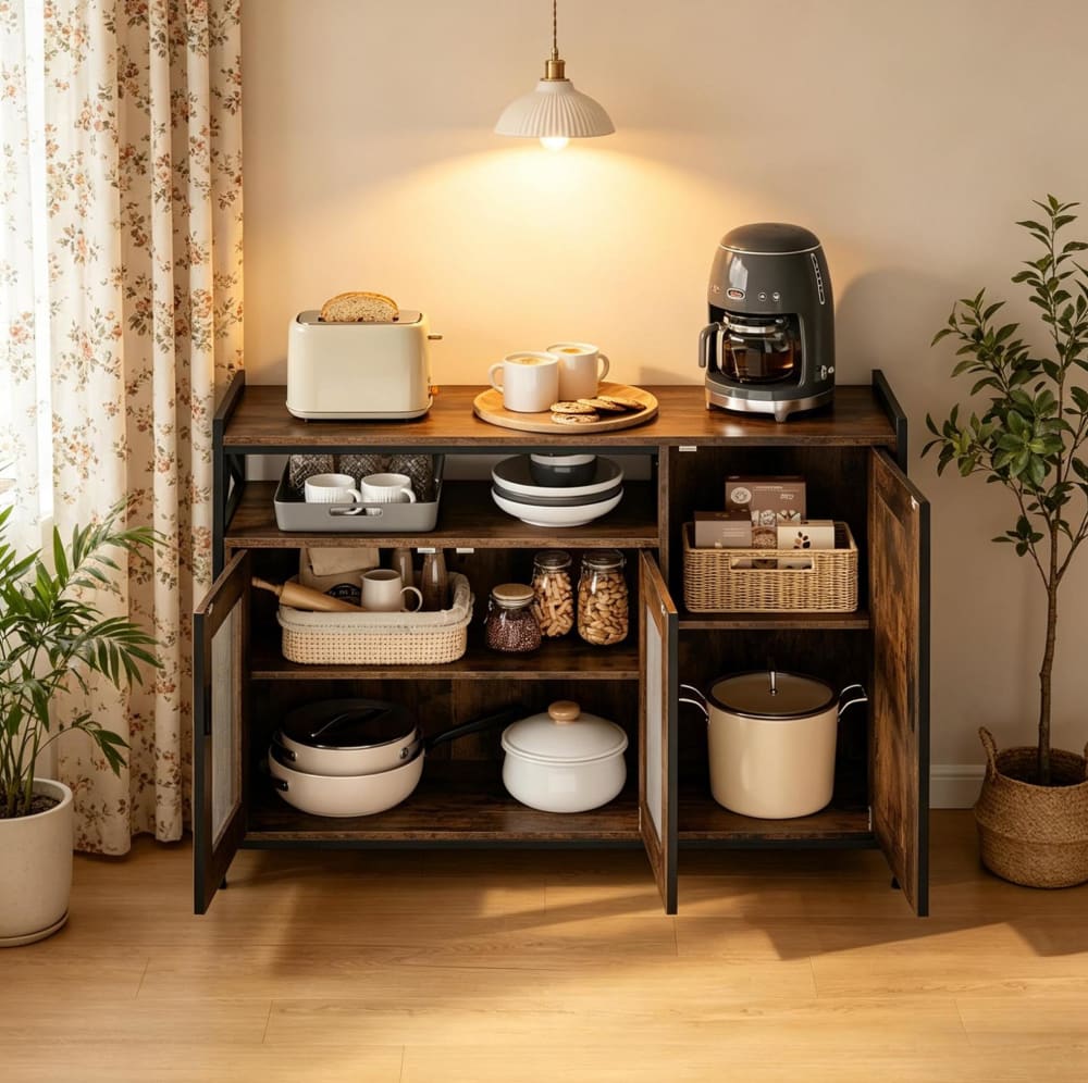 Buffet REDOM portes ouvertes sur ses tablettes réglables