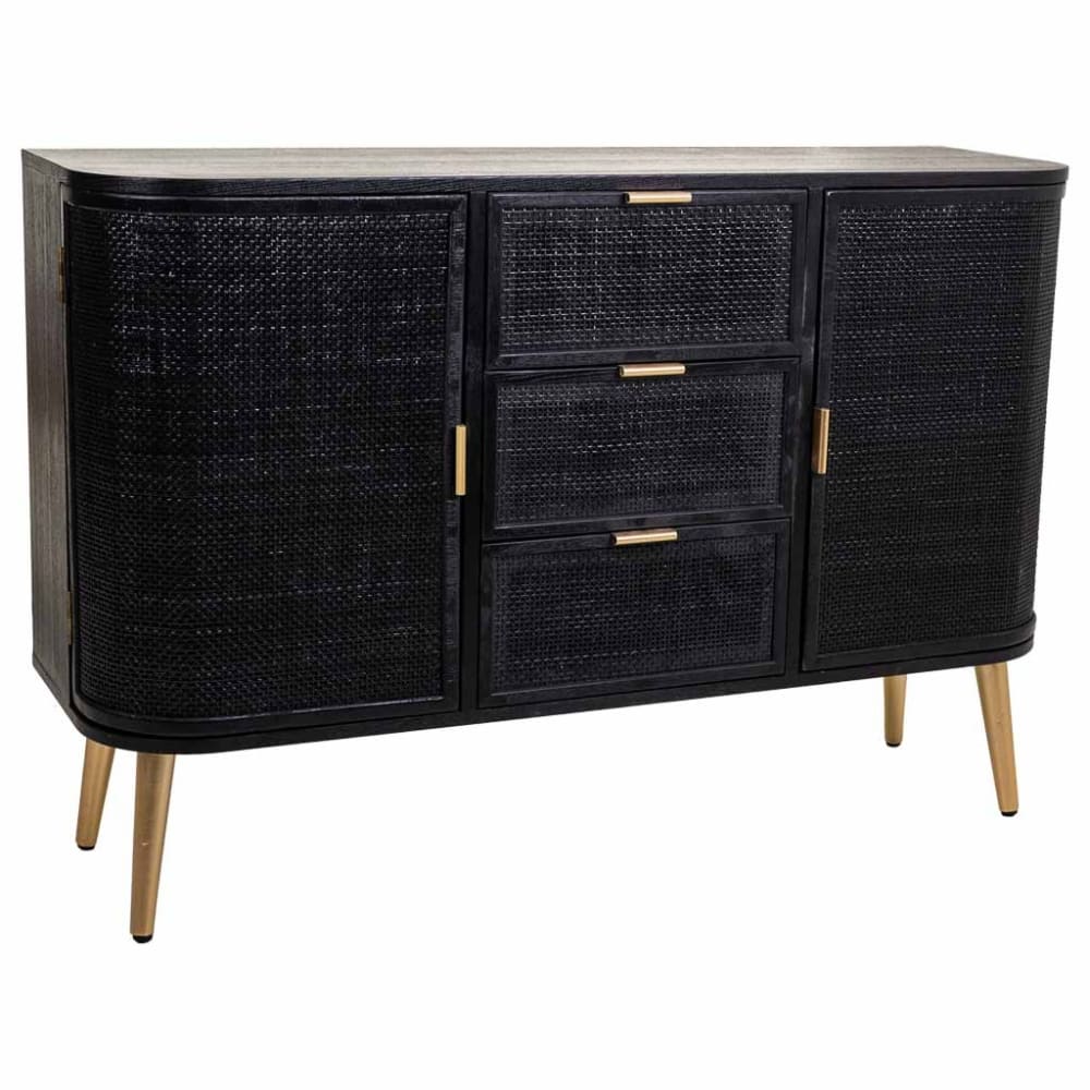 Buffet ELEK en rotin tressé noir et doré 115 cm