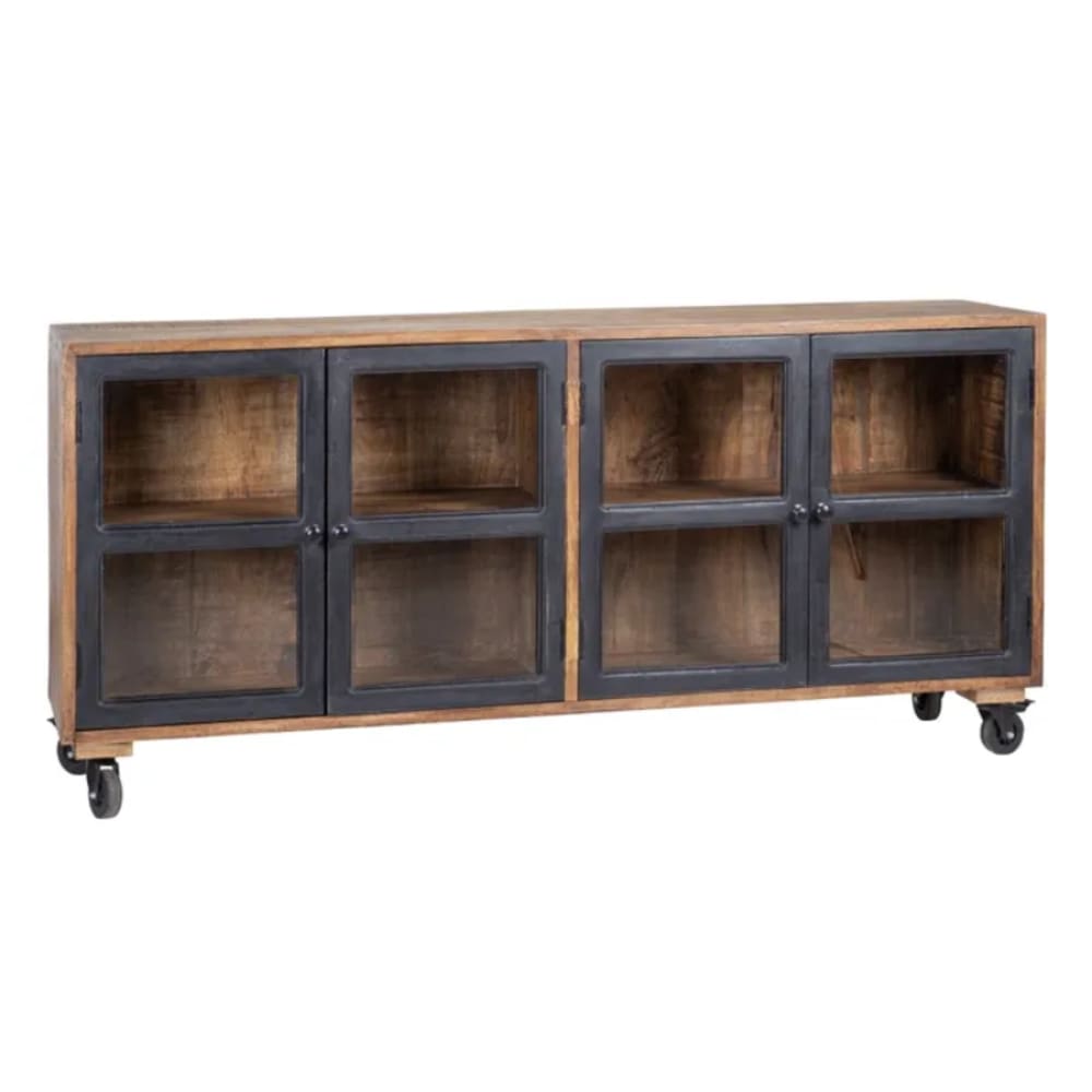 Buffet vitrine AMBIANCE en manguier noir sur roulettes 160 cm