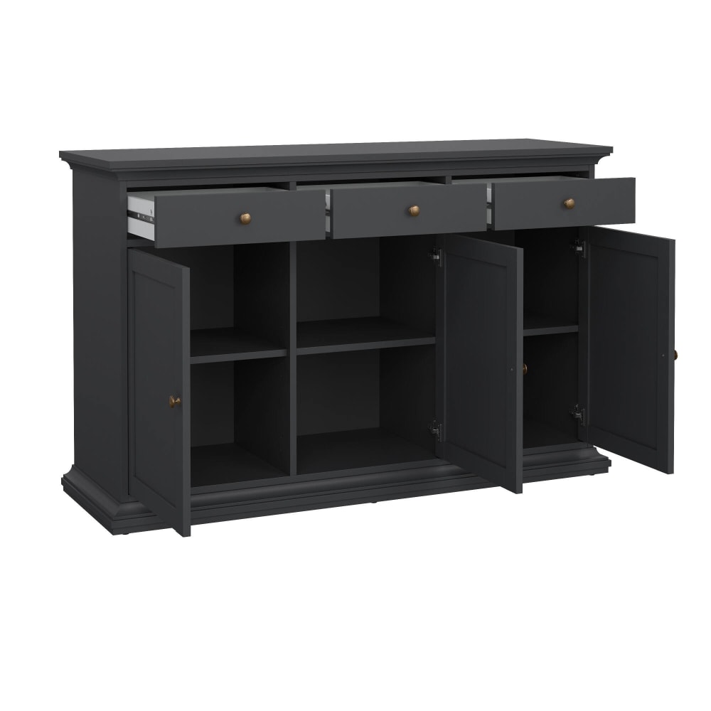 Buffet ASOLA gris 144 cm avec 3 tiroirs et portes coulissantes