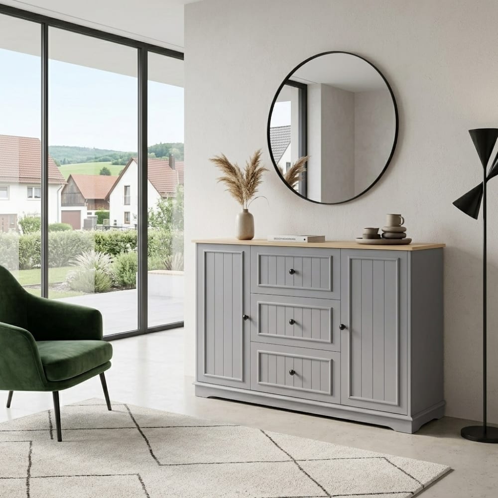 Buffet URBAN MEUBLE tiroirs sortis et portes ouvertes