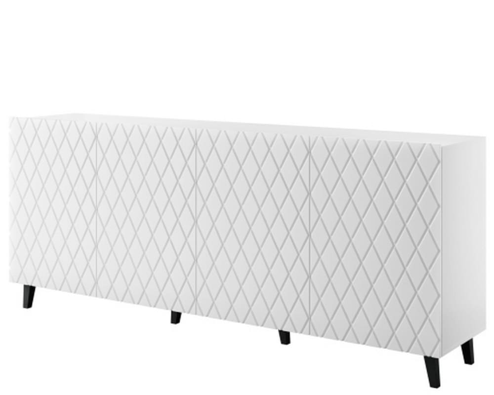 Grand buffet contemporain KALI blanc mat 200 cm avec 4 portes sans poignée