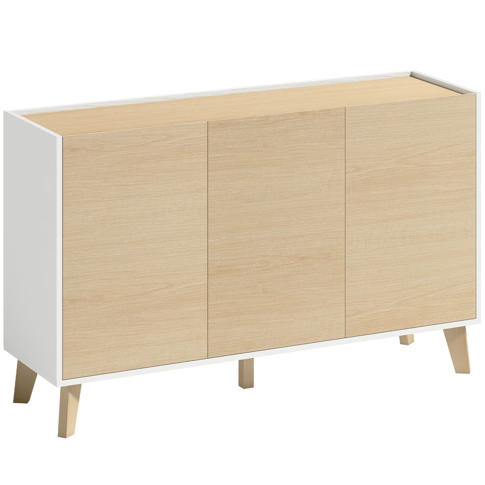 Buffet scandinave HOMCOM blanc et bois 120 cm à 3 portes sans poignée