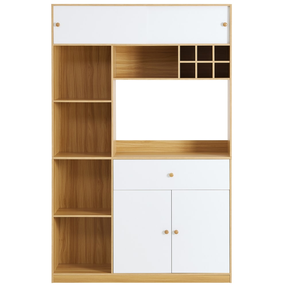 Buffet de cuisine haut URBAN MEUBLE blanc et bois 115 cm avec LED et espace micro-ondes