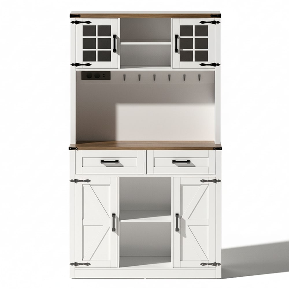 Buffet vaisselier haut URBAN MEUBLE blanc et bois 100 cm avec portes vitrées LED