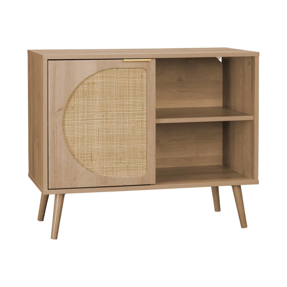 Petit buffet EVA en cannage arrondi 80 cm avec porte réversible et pieds compas