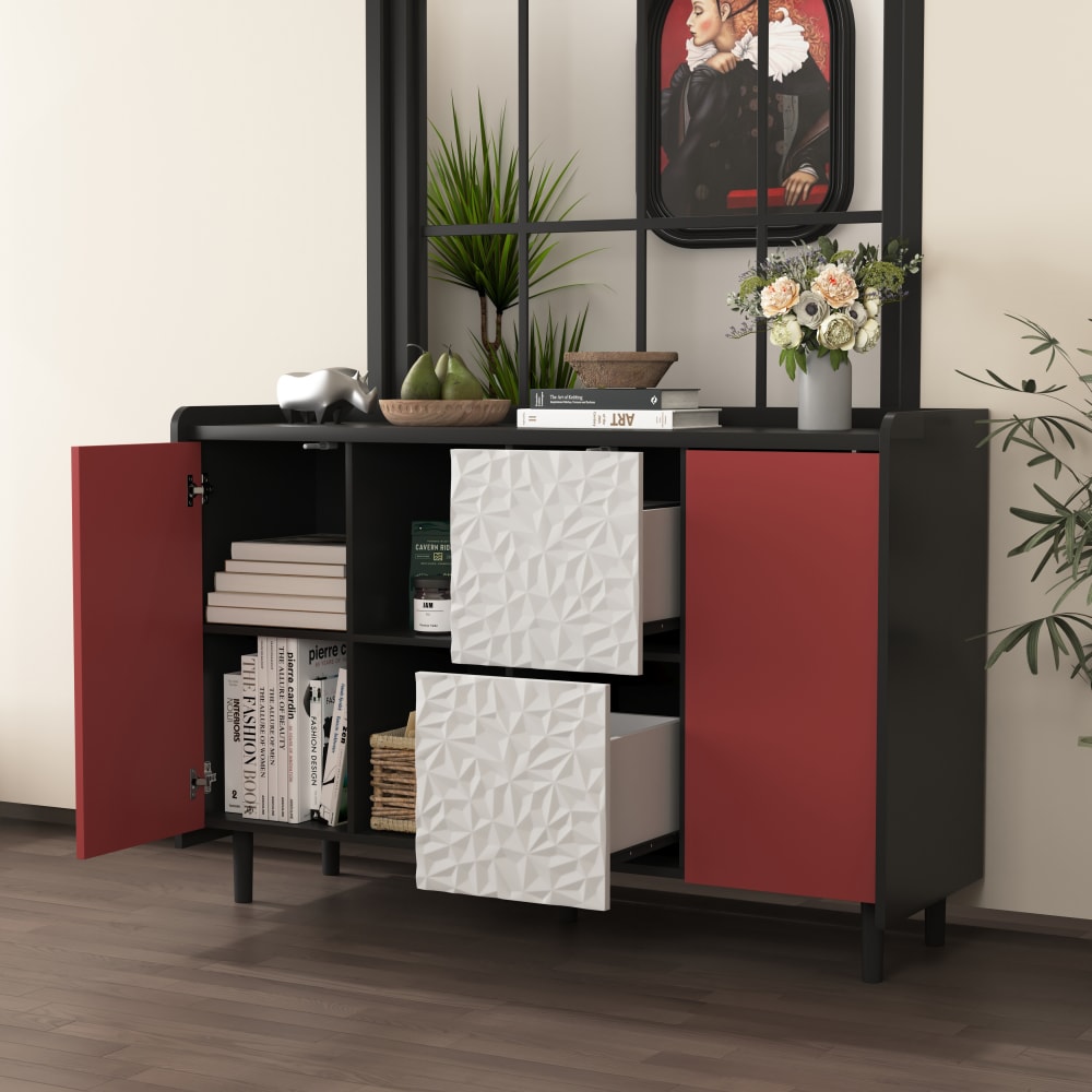 Détail du relief géométrique des tiroirs du buffet URBAN MEUBLE