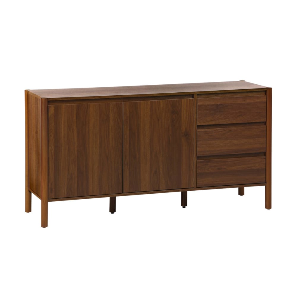 Buffet HARMONY décor noyer 150 cm avec 2 portes et 3 tiroirs sur pieds