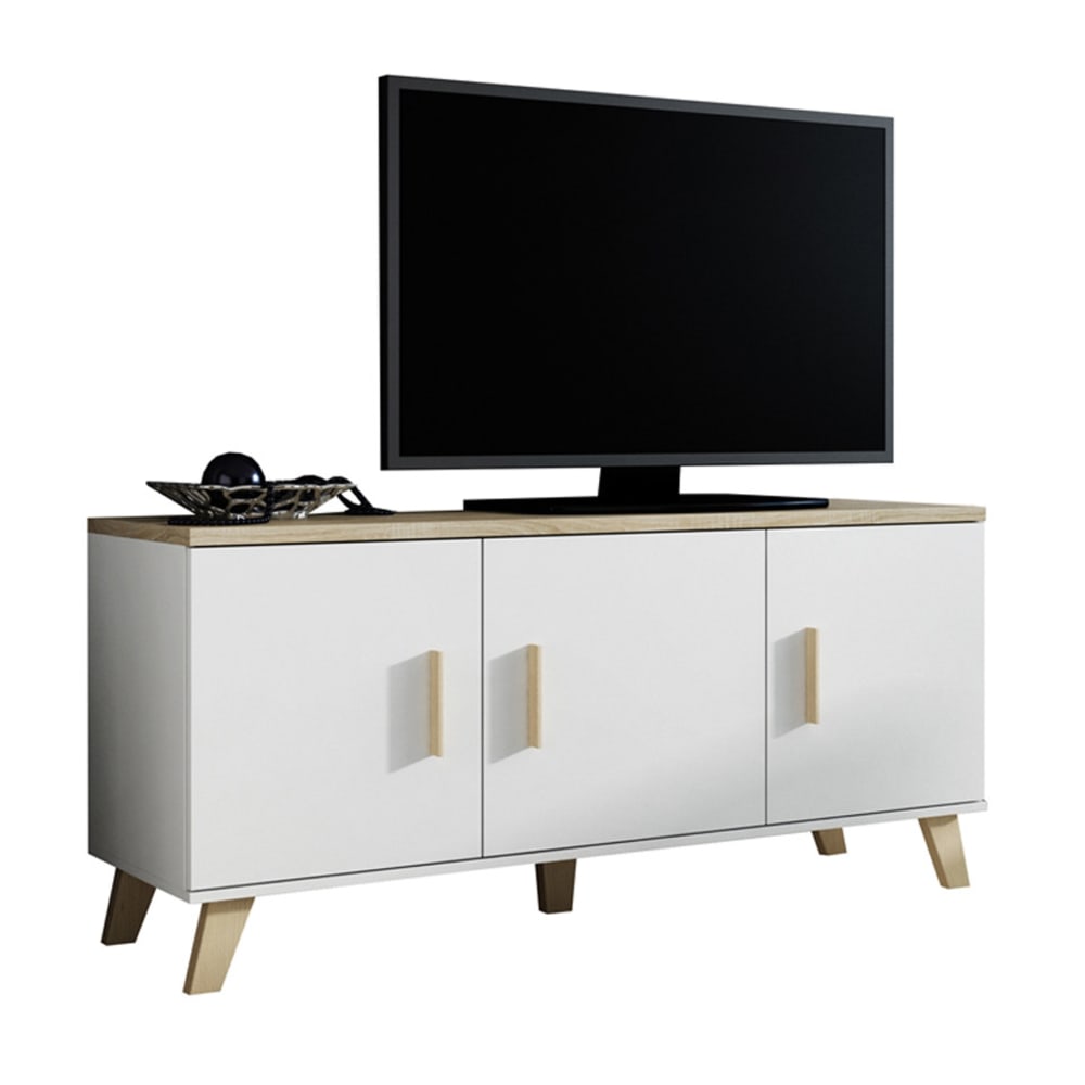 Buffet bas 3 portes blanc mat et décor chêne 150 cm - COLIN