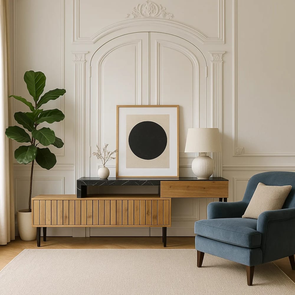 Buffet URBAN MEUBLE portes ouvertes sur ses étagères