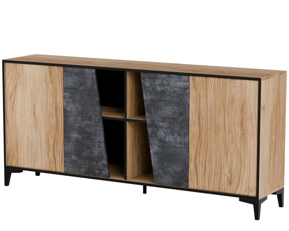 Grand buffet LUDWIG effet chêne et béton 180 cm à 4 portes