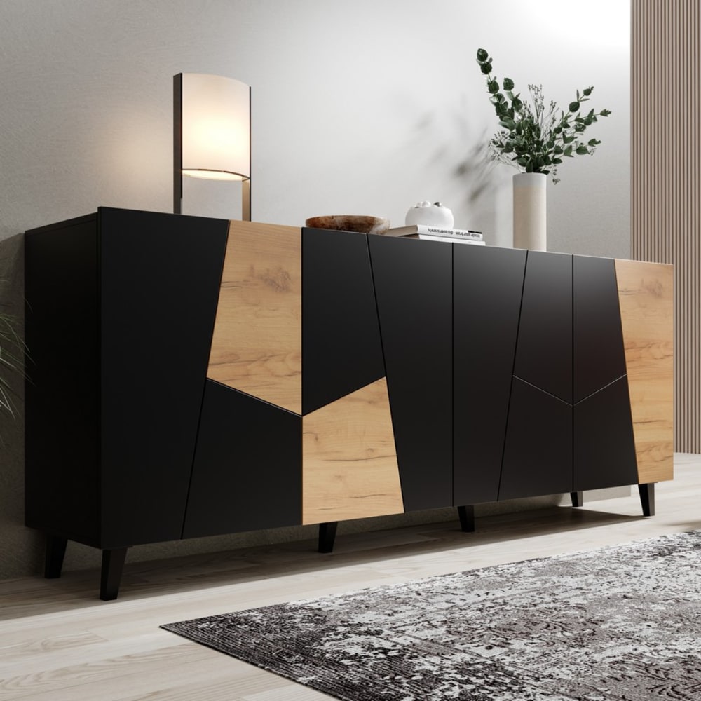 Détail du contraste noir et chêne du buffet FUJI