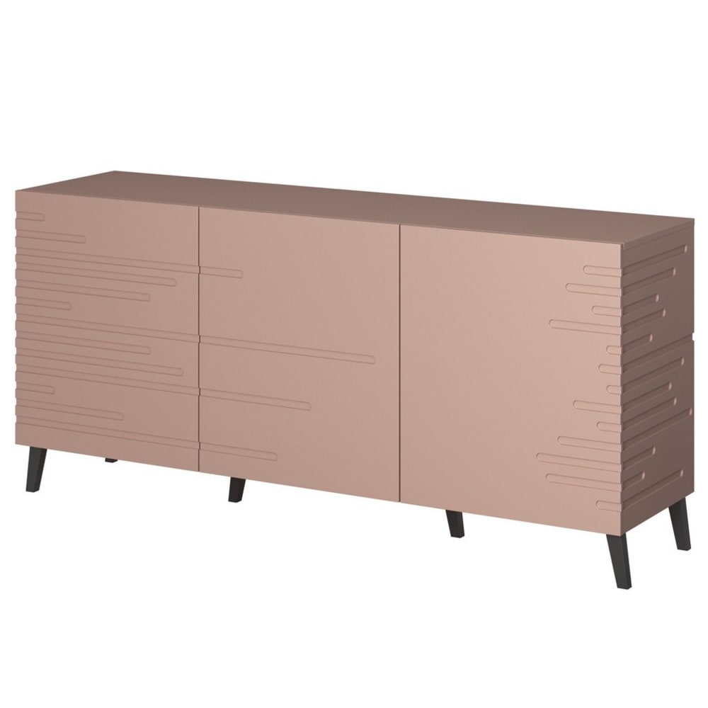 Buffet bas 3 portes rose mat sur pieds noirs 155 cm - MAX