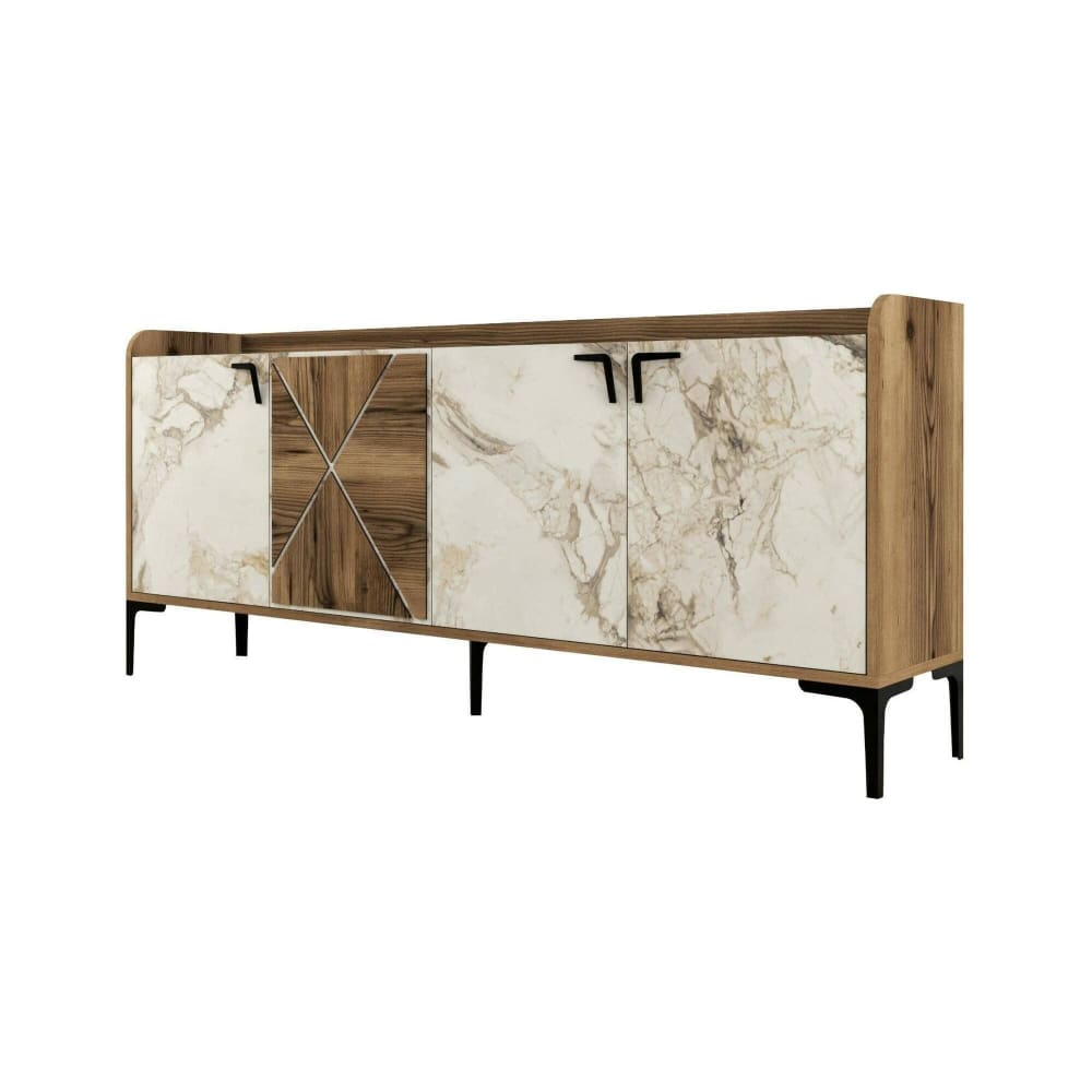 Buffet console ALSO effet noyer avec plateau marbre blanc 180 cm