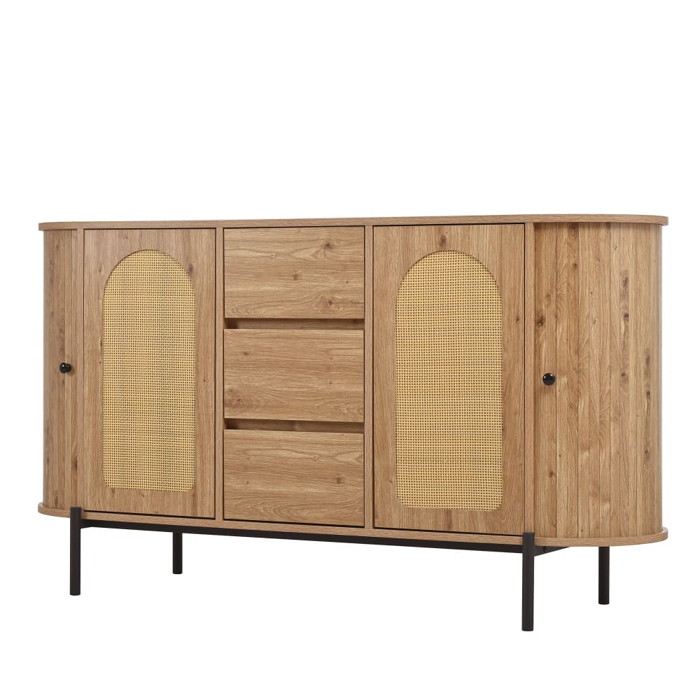Buffet ovale 2 portes coulissantes en rotin et 3 tiroirs 140 cm - URBAN MEUBLE
