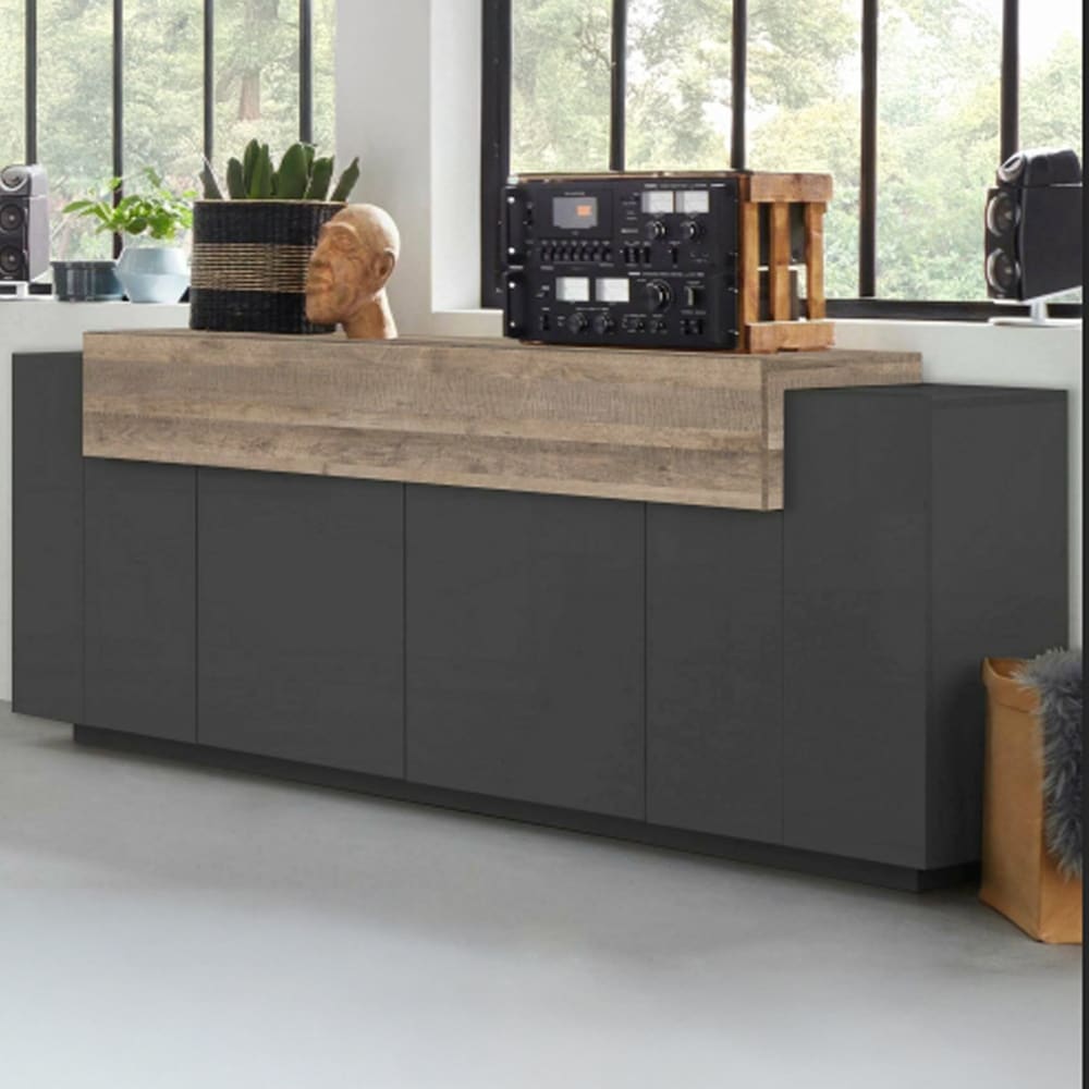 Détail du contraste bicolore du buffet DISCORDIA