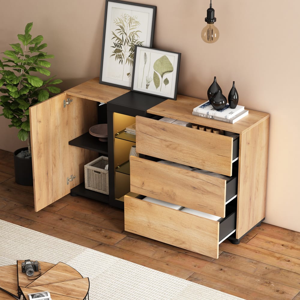 Buffet URBAN MEUBLE tiroirs ouverts et LED colorée allumée