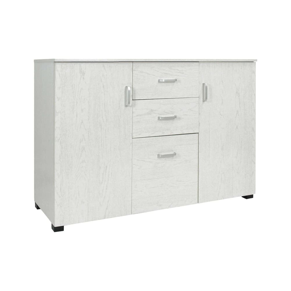 Buffet de salon BENIDORM effet chêne blanchi gris 120 cm avec 3 portes et 2 tiroirs