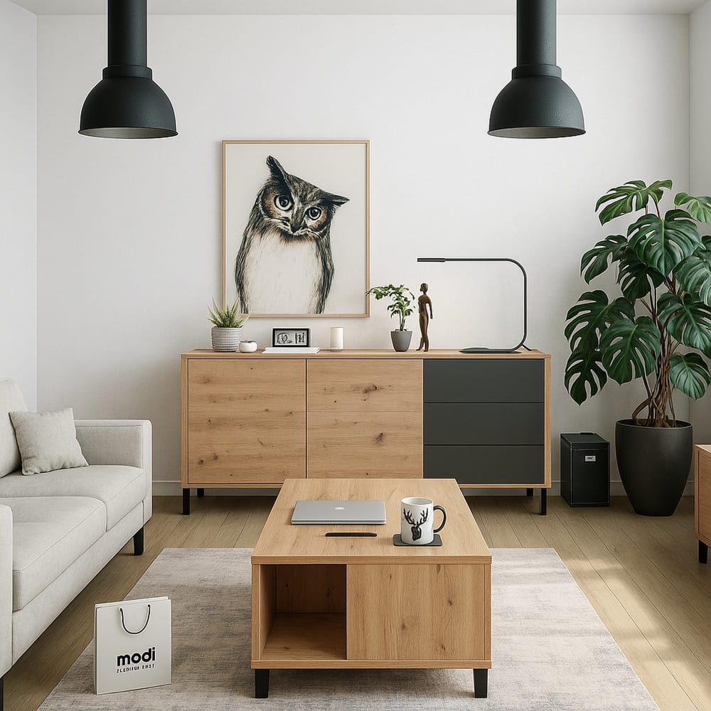 Détail du contraste chêne et anthracite du buffet CONCORD