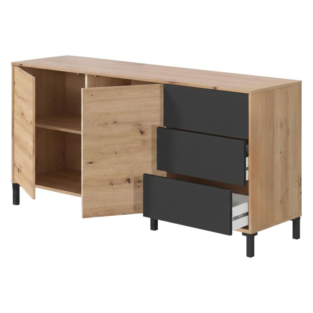 Buffet ARDELIA effet bois et anthracite 3 portes 3 tiroirs 154 cm