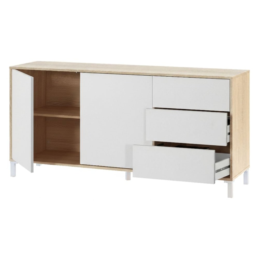 Buffet enfilade CONCORD effet chêne et blanc 154 cm avec 2 portes et 3 tiroirs